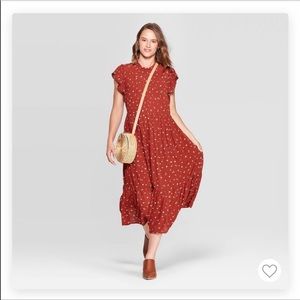 Universal Thread Rust Red Midi Dress with Small Cream Floral Print